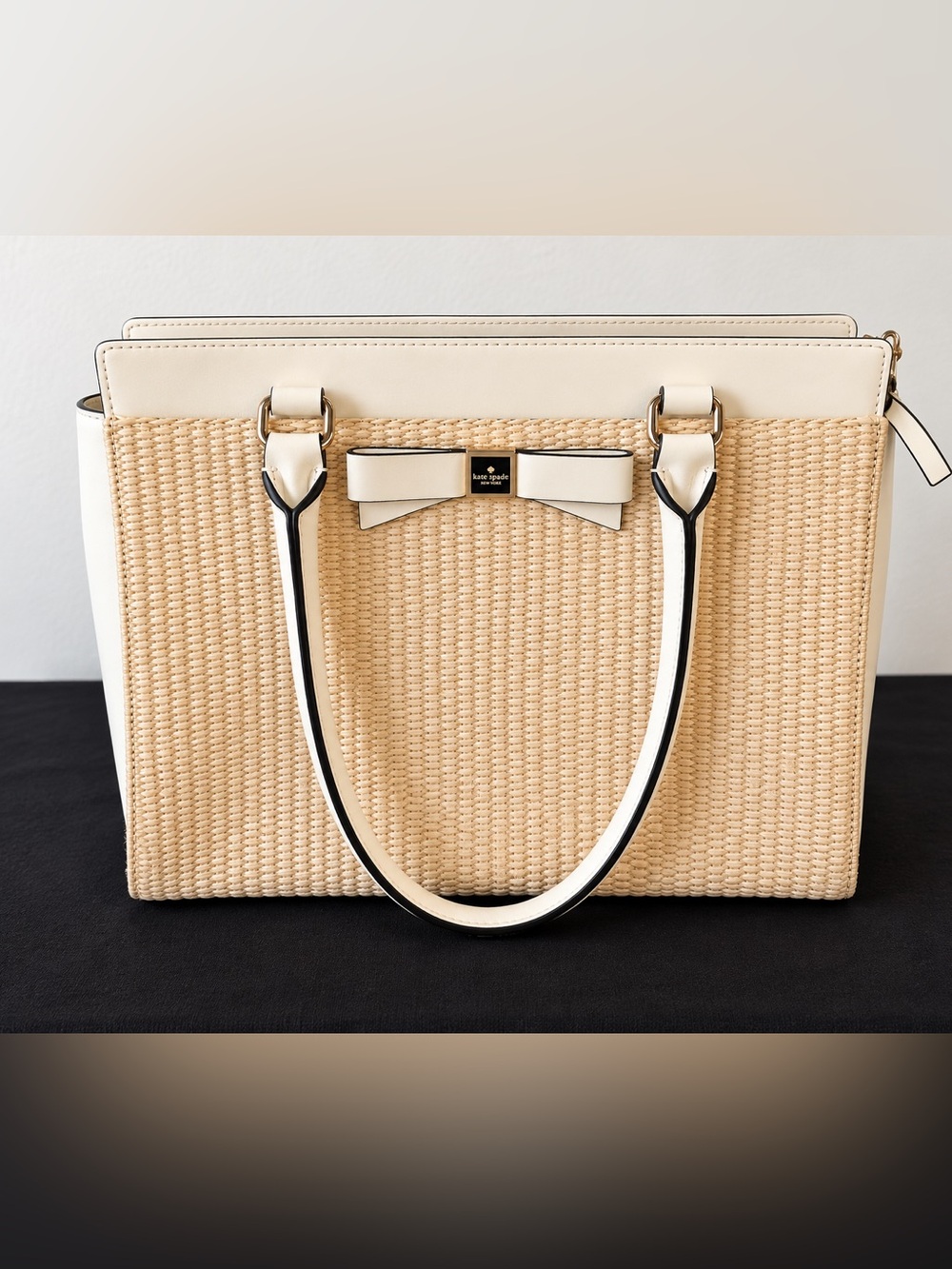 Kate Spade Cream Woven Tote Bag with Bow Accent